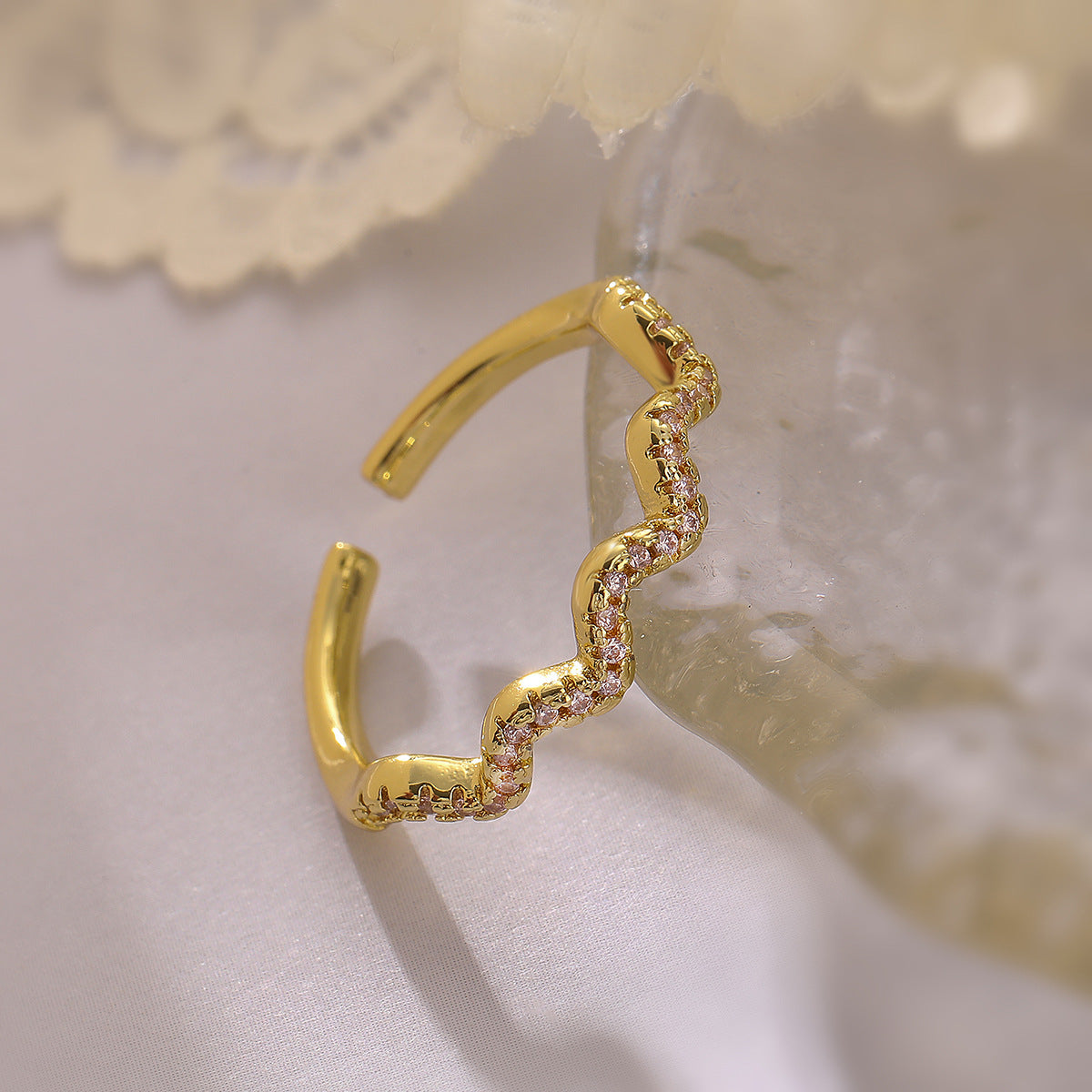 Minimalist Irregular Geometric Copper Ring with 18K Gold Plating and Zircon Inlay for Women