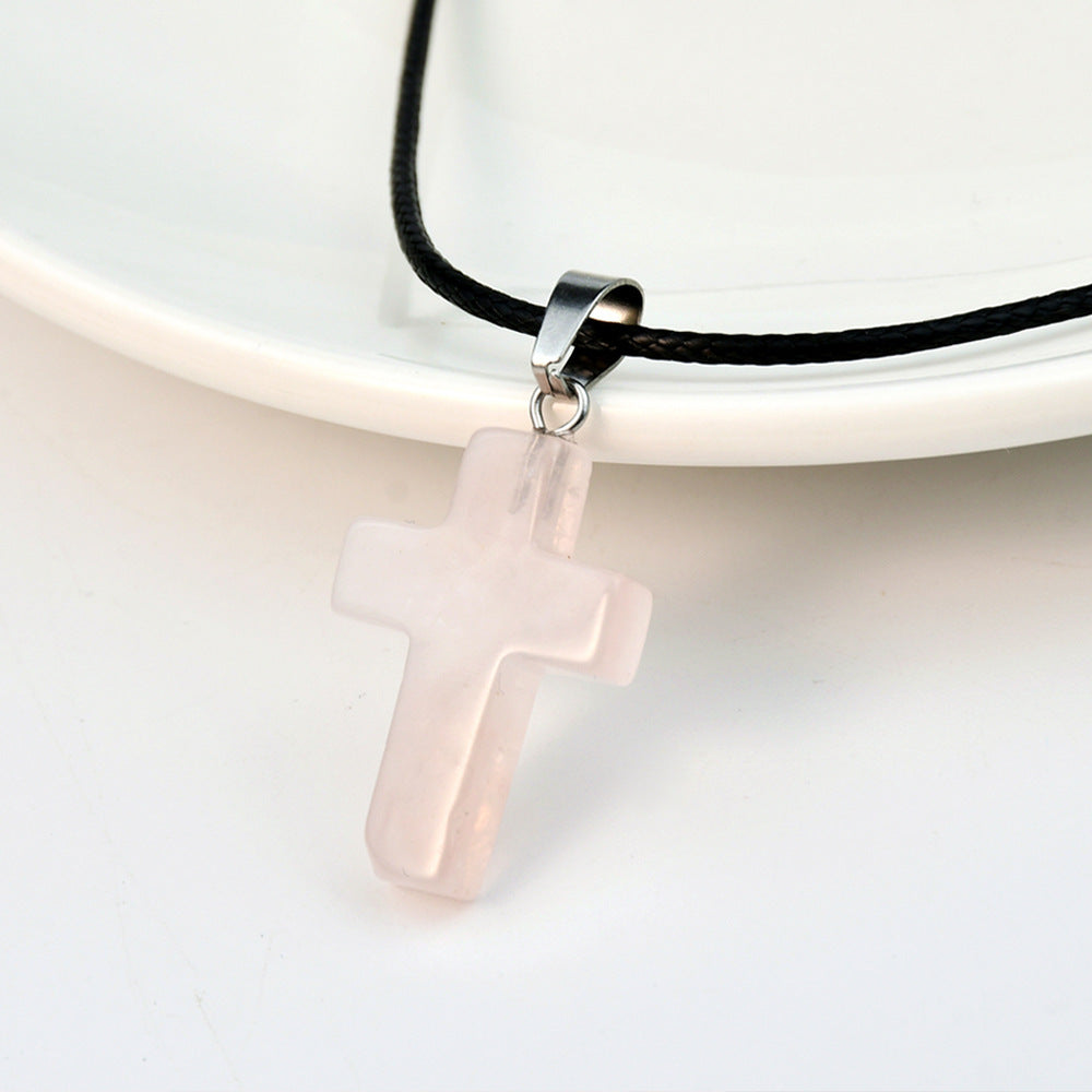 Minimalist Cross Crystal Agate Turquoise Pendant Necklace Unisex