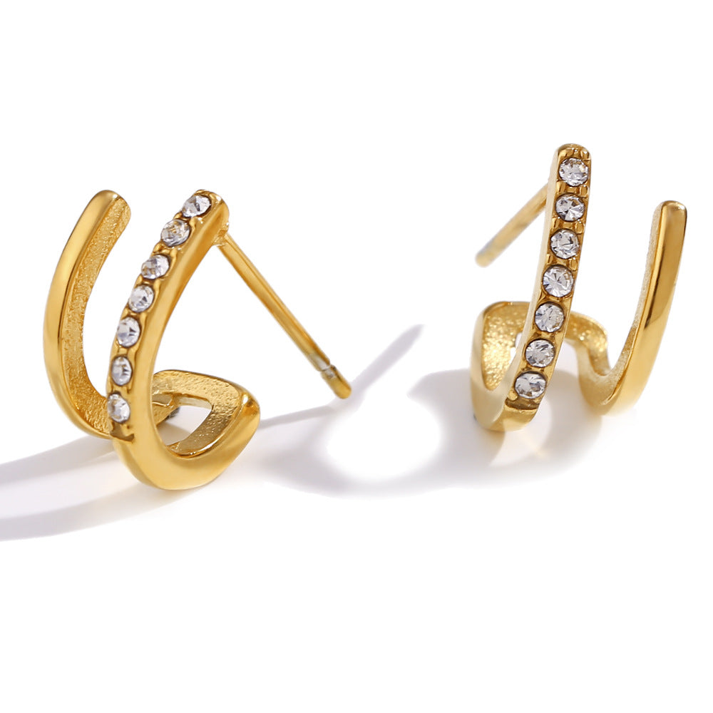 Orecchini da donna alla moda in acciaio inossidabile con geometria, placcatura in oro 18 carati e intarsio di zirconi