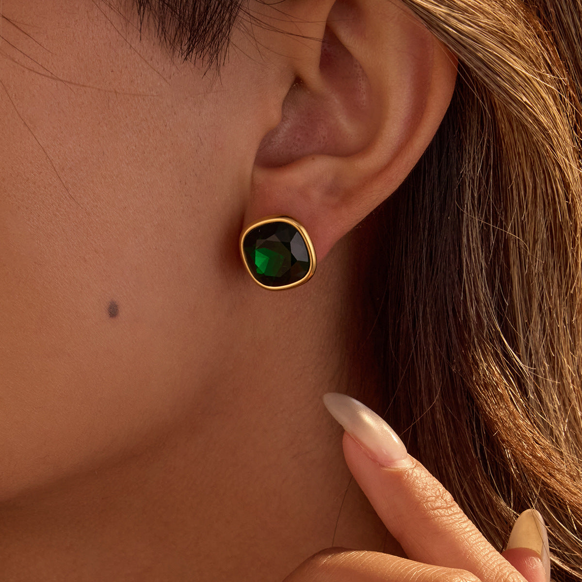 Orecchini Vintage Quadrati Geometrici in Acciaio Inossidabile con Placcatura in Oro 18K e Intarsi di Zirconi Colorati da Donna