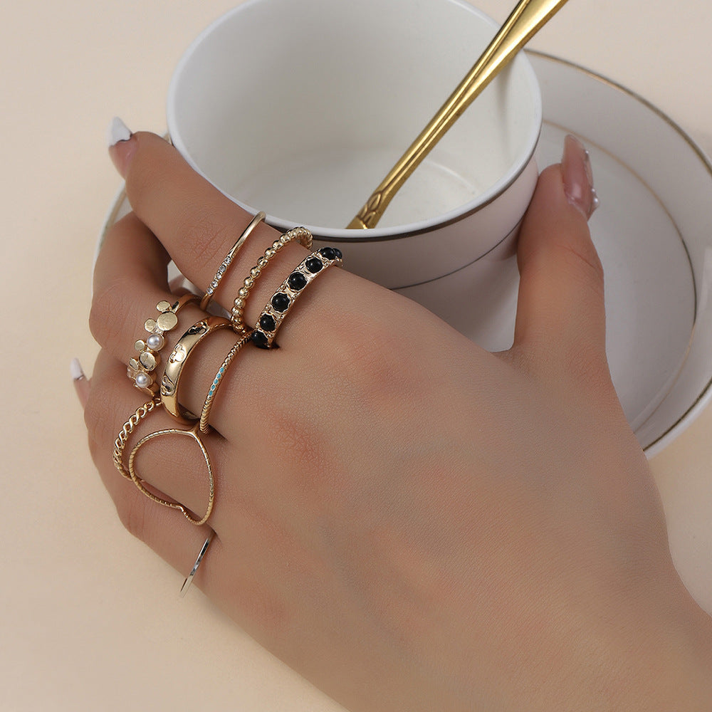 Minimalist Casual Geometric Round Alloy Plated Ring Set with Pearl Inlay