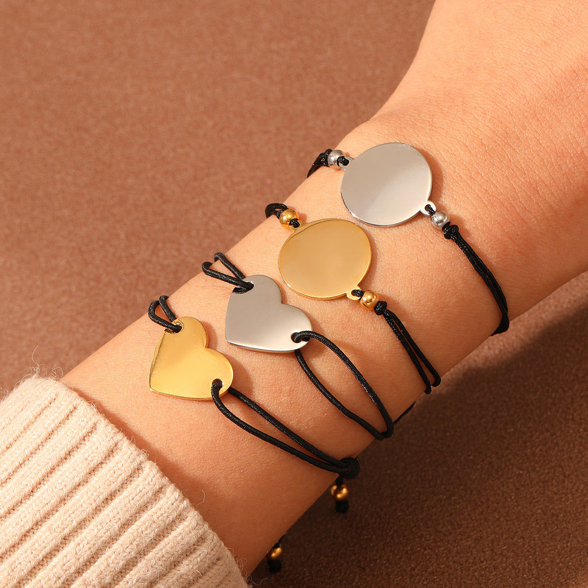 18K Gold Plated Titanium Steel Round Heart Charm Bar Bracelet for Women DIY Engraving Elastic Rope