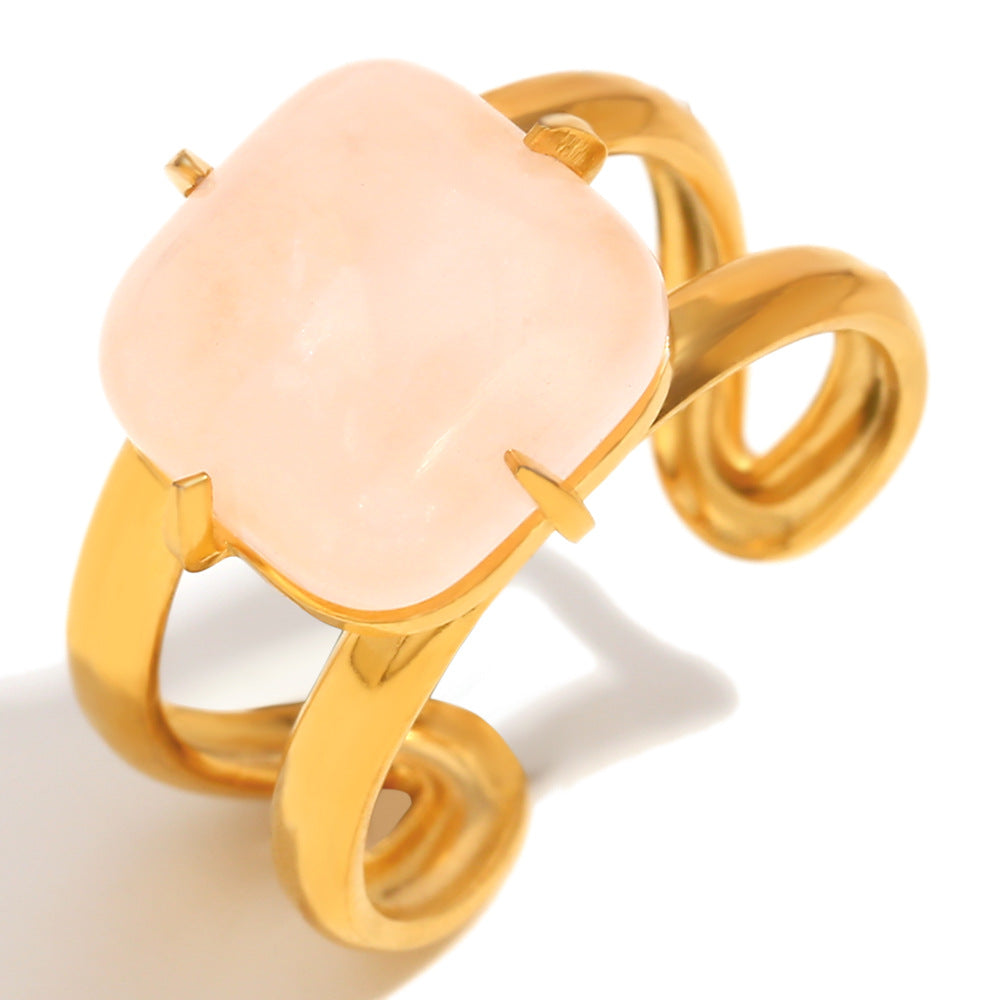 Fashionable French-Style Geometric Stainless Steel Plated 18K Gold Pink Jade Open Ring for Women