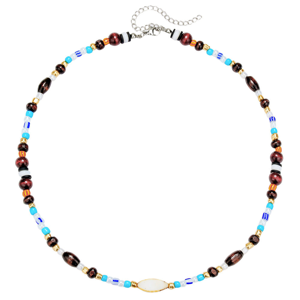 Vintage Sweet Geometric Wood Bead Shell Pendant Necklace Handmade Cable Chain