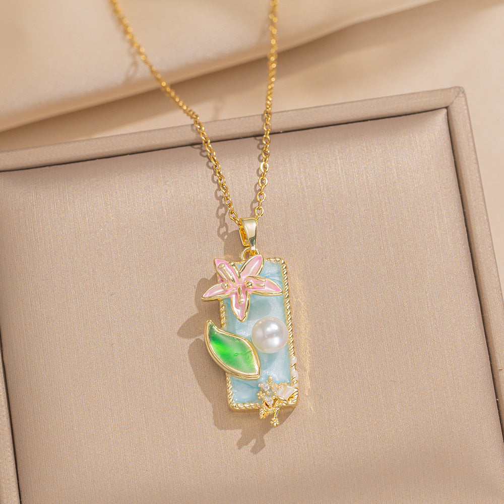 Baroque Style Leaf-Shaped Titanium Steel Necklace with Tulip Floral Motif, Vacuum-Plated for Hypoallergenic Wear, O-Chain Design