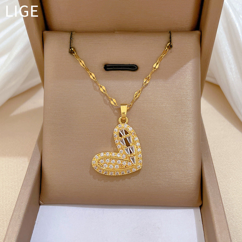 Sweet Micro-Paved Rhinestone Heart Pendant Titanium Steel Necklace for Women