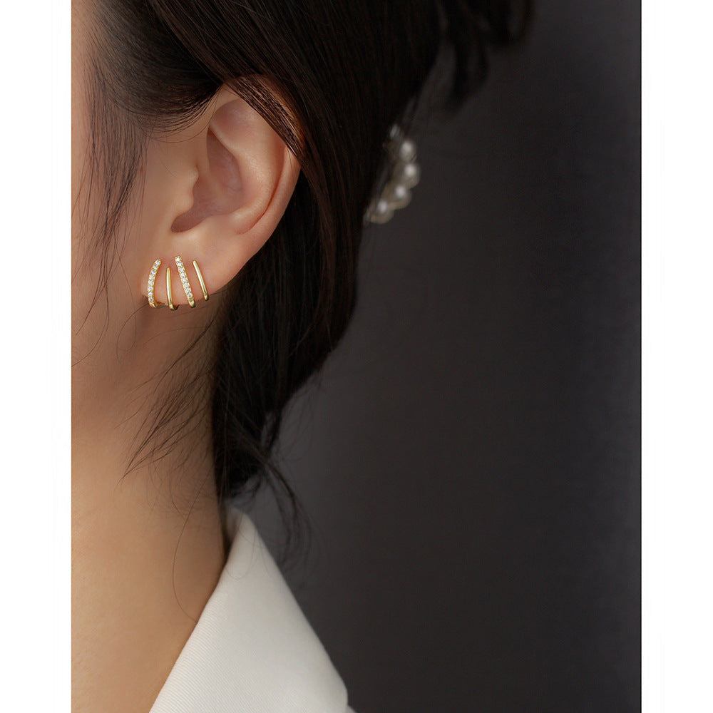 Minimalist Elegant 925 Sterling Silver Geometric Micro-Inlaid Cubic Zirconia Line Stud Earrings for Women