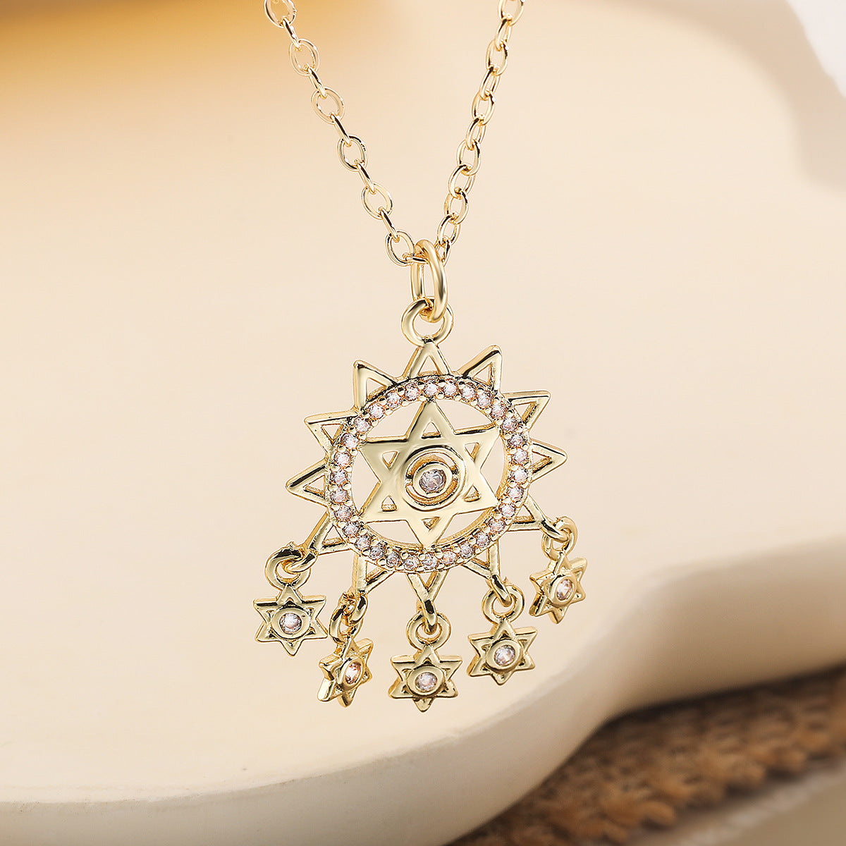 Minimalist 18K Gold Plated Brass Geometric Dreamcatcher Pendant Necklace with Cubic Zirconia for Women