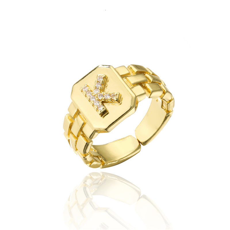 Minimalist Adjustable Open Ring with 18K Gold Plated Copper Band and AAA Zircon Letters Design