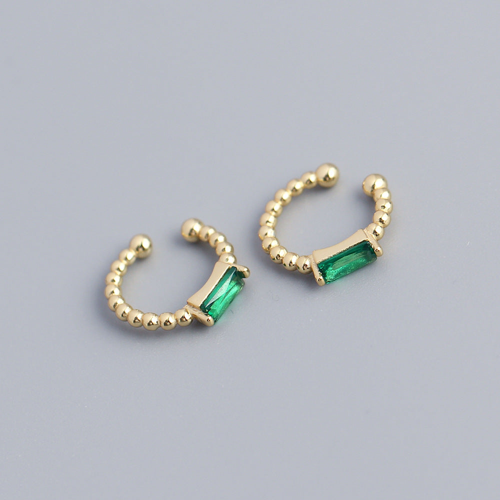 Sweet 925 Sterling Silver Geometric Round Inlaid Emerald Cubic Zirconia Ear Clip for Women