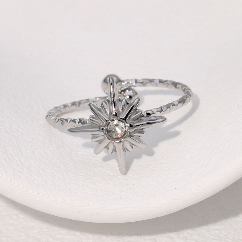 Anello aperto minimalista da donna a forma di stella in acciaio inossidabile con intarsio di strass
