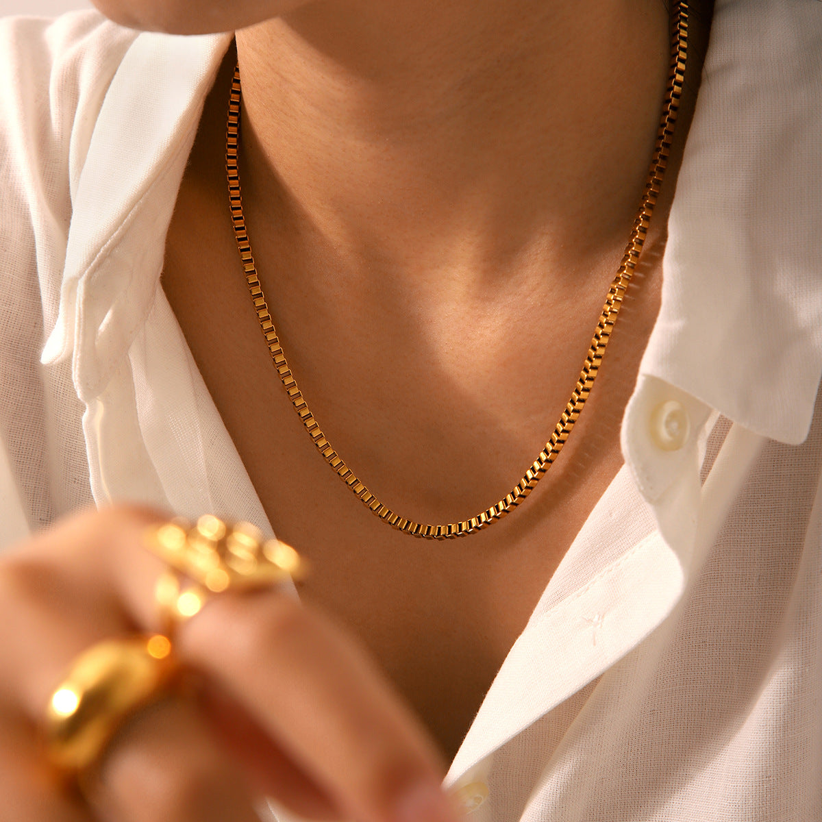 Minimalist Geometric Stainless Steel Gold-Plated Box Chain Necklace for Women, Hypoallergenic Titanium Steel Neck Chain, Fade-Resistant