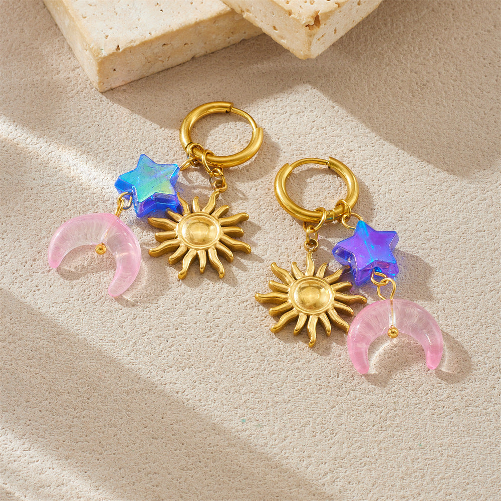 Minimalist Sweet Gold Plated Stainless Steel Star Moon Sun Earrings