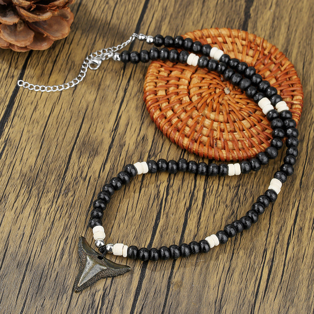 Vintage Gothic Geometric Round Coconut Shell Pendant Necklace with Wood Beads Cable Chain Unisex