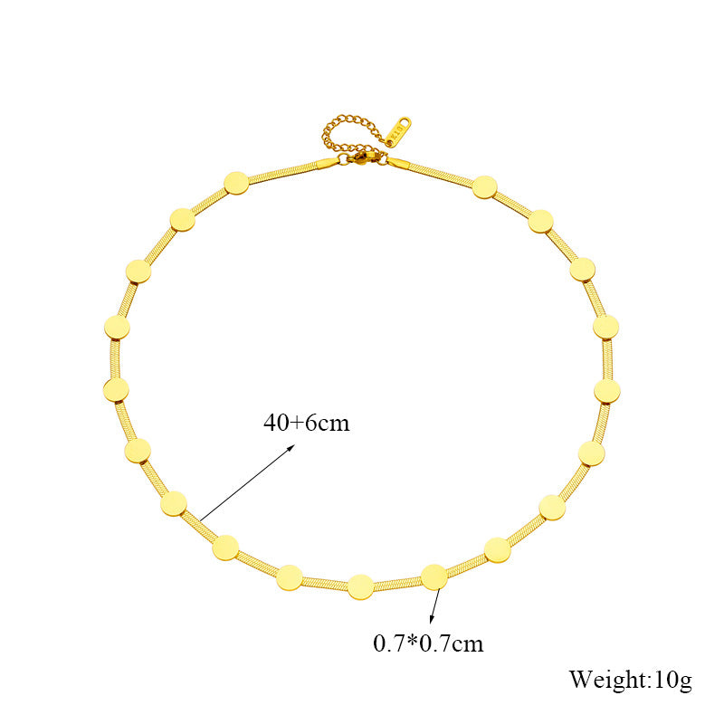 Elegante set minimalista de pulsera y collar de cadena de serpiente para mujer de acero de titanio chapado en oro con colgantes de disco redondo