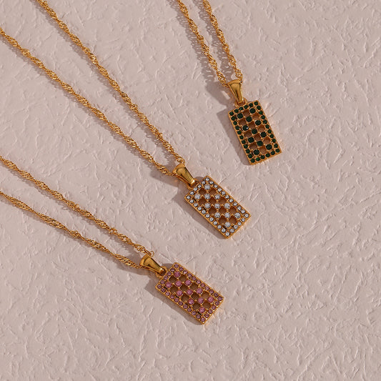 Collana da donna a pendente lungo geometrico minimalista alla moda, vuota, in acciaio inossidabile con intarsio di strass e finitura placcata