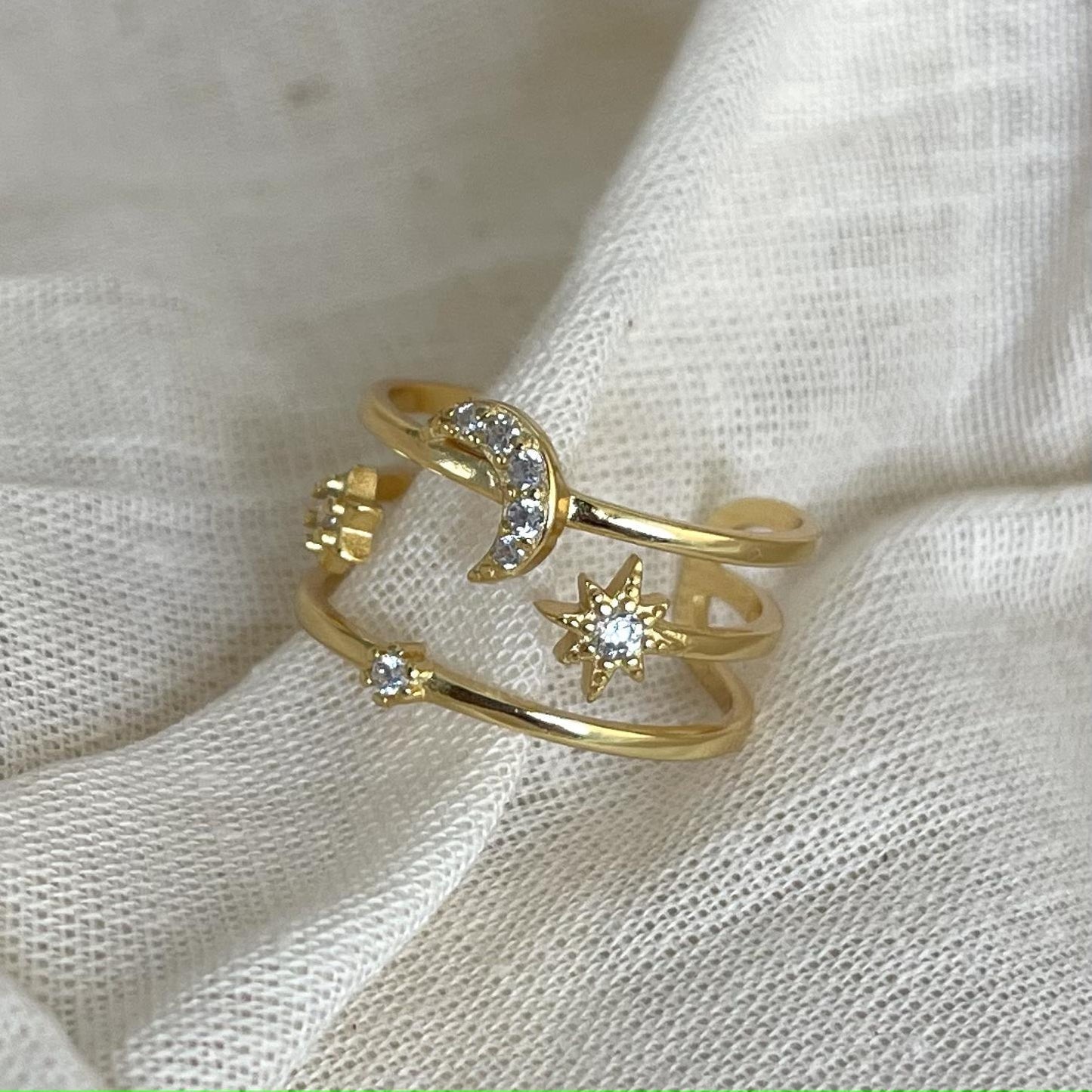 925 Sterling Silver Star Moon Double Layer Ring for Women