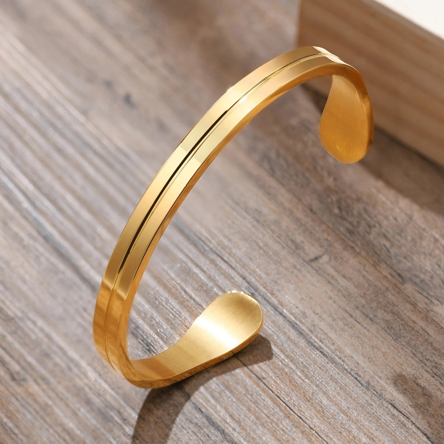 Men's Geometric Round Polished Plated Stainless Steel C-Shape Open Cuff Bracelet