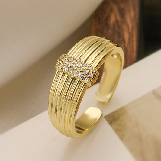 Minimalist Geometric Adjustable Ring for Women in Copper with 18K Gold Plating and Zircon Inlay