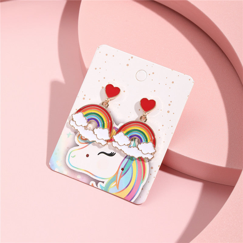 Cartoon Style Heart and Cloud Shape Enamel Alloy Children's Stud Earrings with Rainbow and Love Motifs