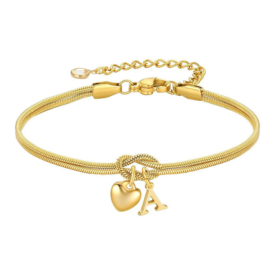 Sweet Luxury Stainless Steel PVD Snake Chain Bracelet with Rhinestone Letter Heart Cross Pendant for Women