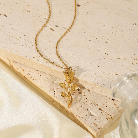 INS Style 18K Gold Plated Stainless Steel Geometric Rose Pendant Necklace for Women Fashion Jewelry Gift