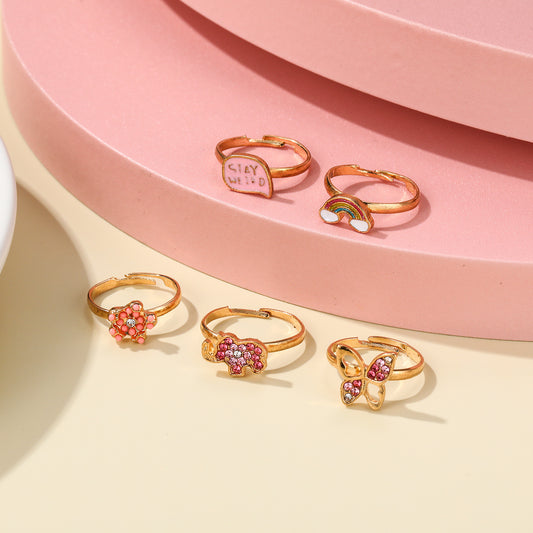 Lindo Juego de Anillos Ajustables de Aleación con Forma de Mariposa para Niñas, con Acabado Esmaltado e Incrustaciones de Pedrería, Joyería Infantil