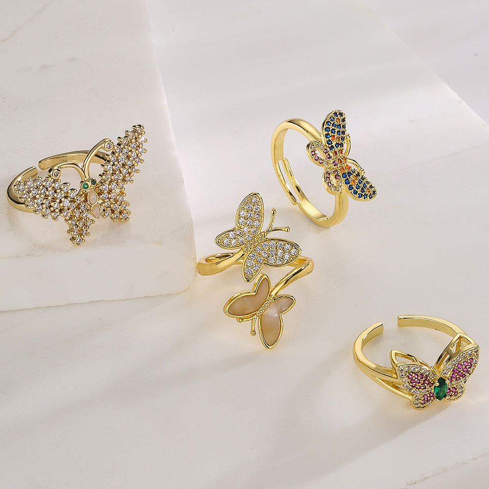 Butterfly-Shaped Geometric Open Ring for Women in Copper with 18K Gold Plating and Zircon Inlay