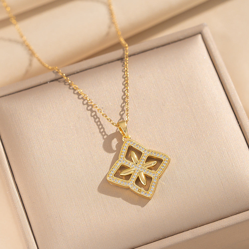 Luxury Minimalist Rhombus-Shaped Flower Pendant Necklace in 18K Gold Plated Titanium Steel with Cubic Zirconia on O-Chain for Women