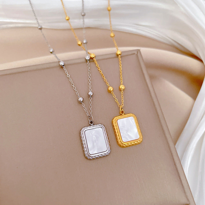 Minimalist Geometric Square Abalone Pendant Necklace for Women in Titanium Steel with Gold Plating