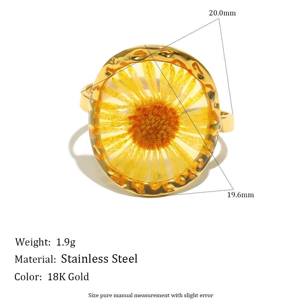 Anello Ovale a Margherita Minimalista da Donna in Acciaio Inossidabile con Placcatura Oro 18K e Finitura Smaltata