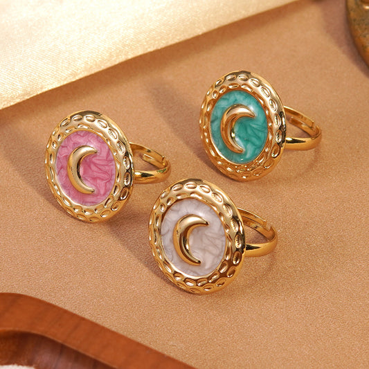 Elegant Geometric Moon Drip Oil Stainless Steel Ring for Women