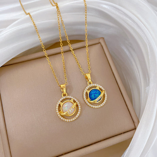Cartoon Style Round Cat Pendant Necklace for Women Stainless Steel Chain with Rhinestone Accents Minimalist Geometric Design
