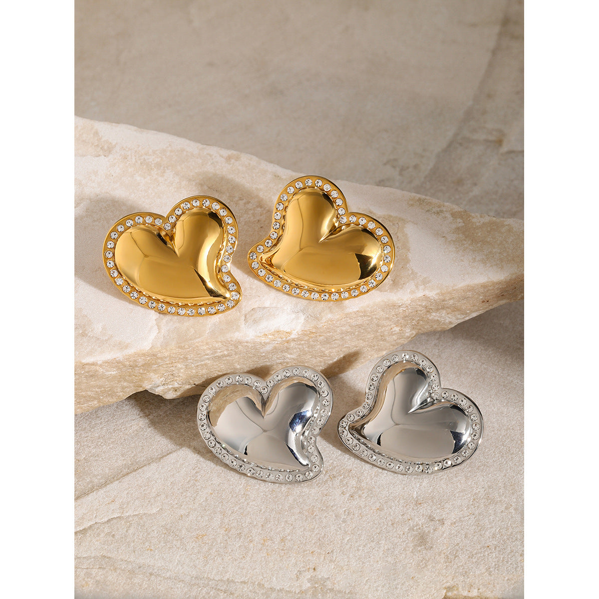 Ins Style Asymmetrical Heart-Shaped Earrings in Stainless Steel with 18K Gold Plating and White Rhinestone Inlay