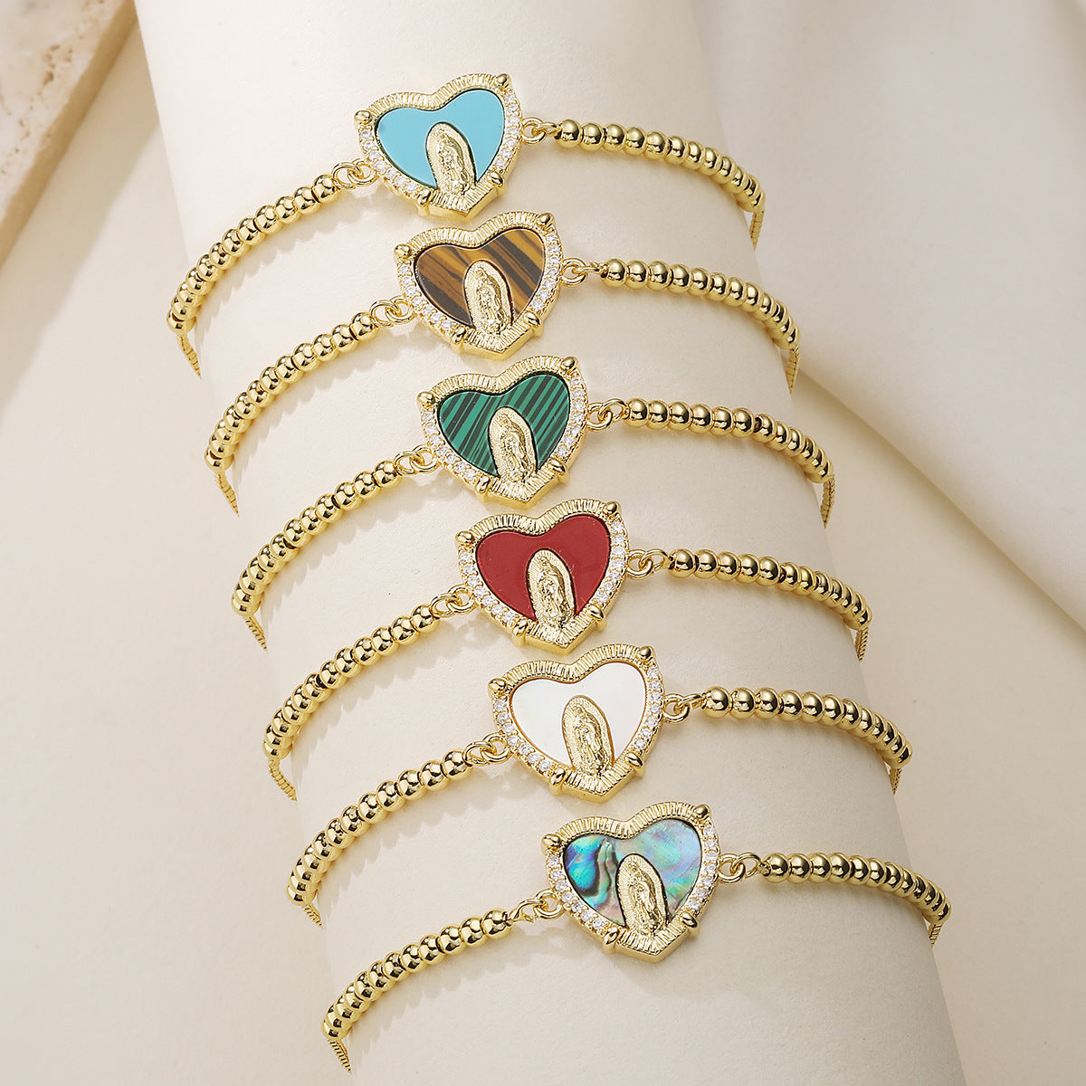 Gold Plated Brass Heart Bracelet with Cubic Zirconia and Virgin Mary Charm for Women