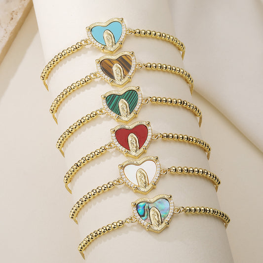 Gold Plated Brass Heart Bracelet with Cubic Zirconia and Virgin Mary Charm for Women