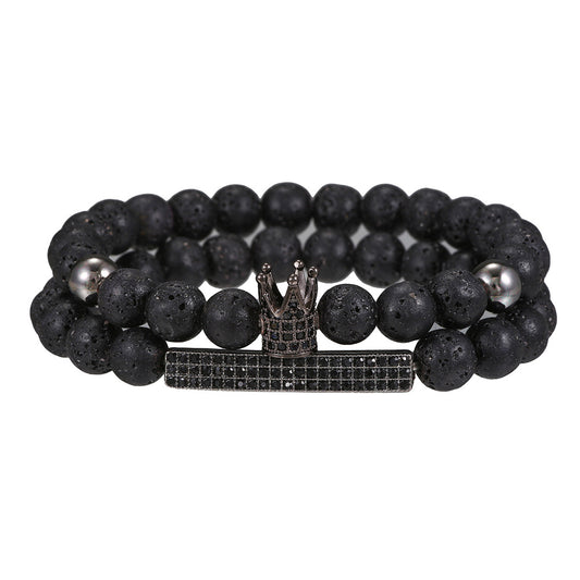 Minimalist Geometric Matte Black Agate and Cubic Zirconia Crown Bracelet Set