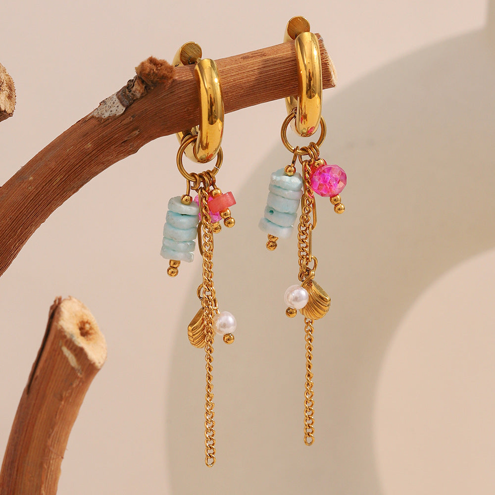 Vintage-Inspired Geometric Stainless Steel Earrings with 18K Gold Plating and Natural Stone Dangle Pendants