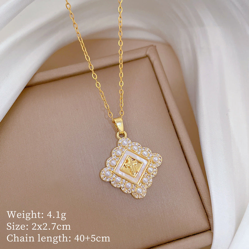 Sweet Minimalist Cross Micro-Inlaid Cubic Zirconia Brass Pendant Titanium Steel Necklace for Unisex