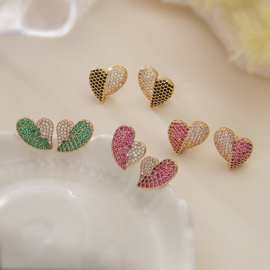 Minimalist Heart-Shaped Copper Earrings with 18K Gold Plating and Micro-Paved Zirconia for Women