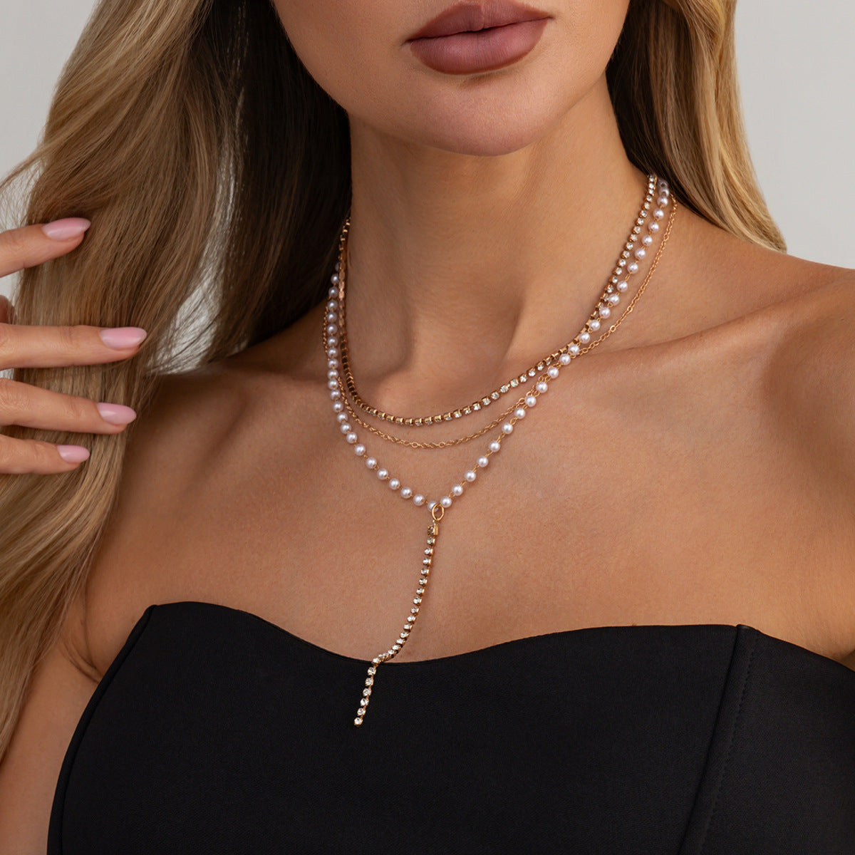 Elegant Geometric Multi-Layer Y-Necklace with Faux Pearl and Rhinestone Inlay Plated Iron Pendant Cable Chain for Women