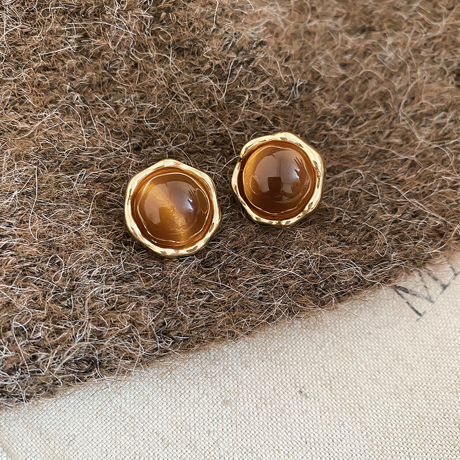 Orecchini a perno geometrici vintage in occhio di tigre, in acciaio placcato oro 18 carati da donna