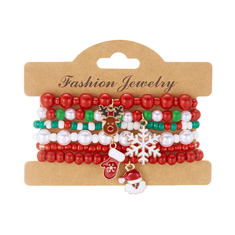 Bracciale Elastico Natalizio alla Moda con Perline in Lega e Ciondoli a Forma di Fiocco di Neve, Renna e Babbo Natale per Donna