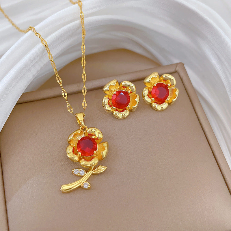 Sweet Red Rose and Moon Rhinestone Pendant Titanium Steel Necklace Set for Unisex