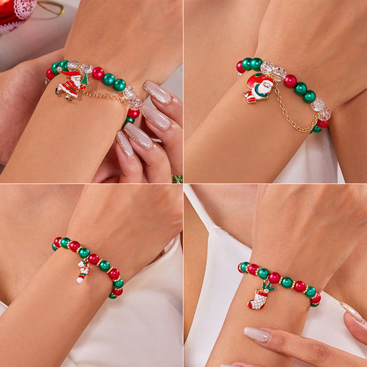 Pulsera de cuentas con colgante de Papá Noel estilo viajero de moda para mujer en aleación con elementos navideños