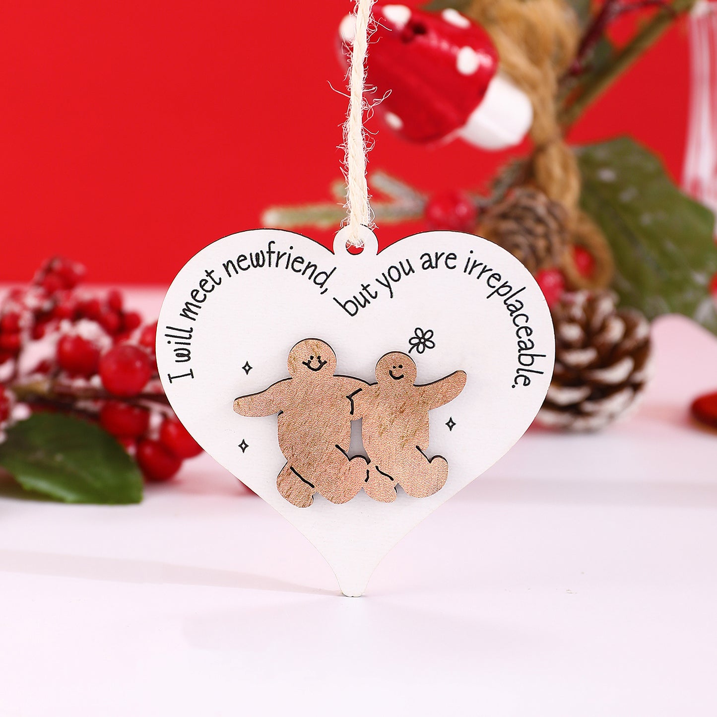 Ciondolo creativo in legno a forma di cuore con testo stampato per feste di Natale, coppie e amici