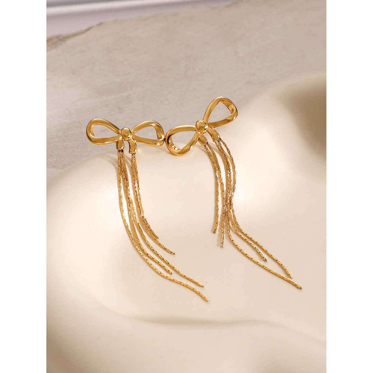 18K Gold Plated Stainless Steel Bow Earrings with Tassel
