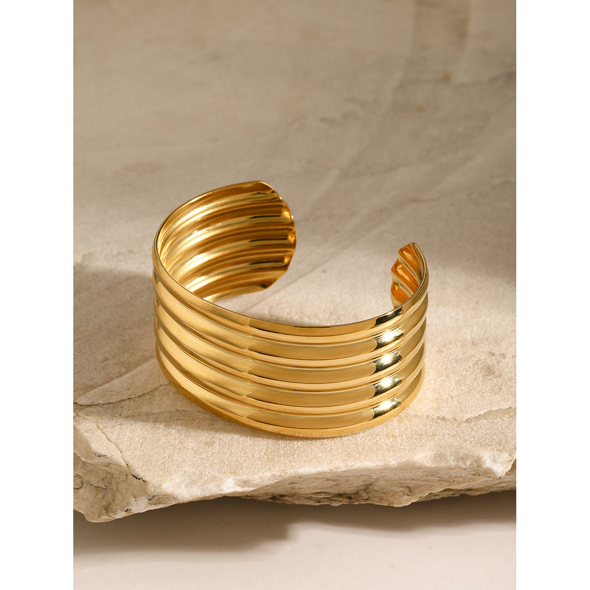 18K Gold Plated Geometric Stainless Steel Smooth Open Cuff Bracelet