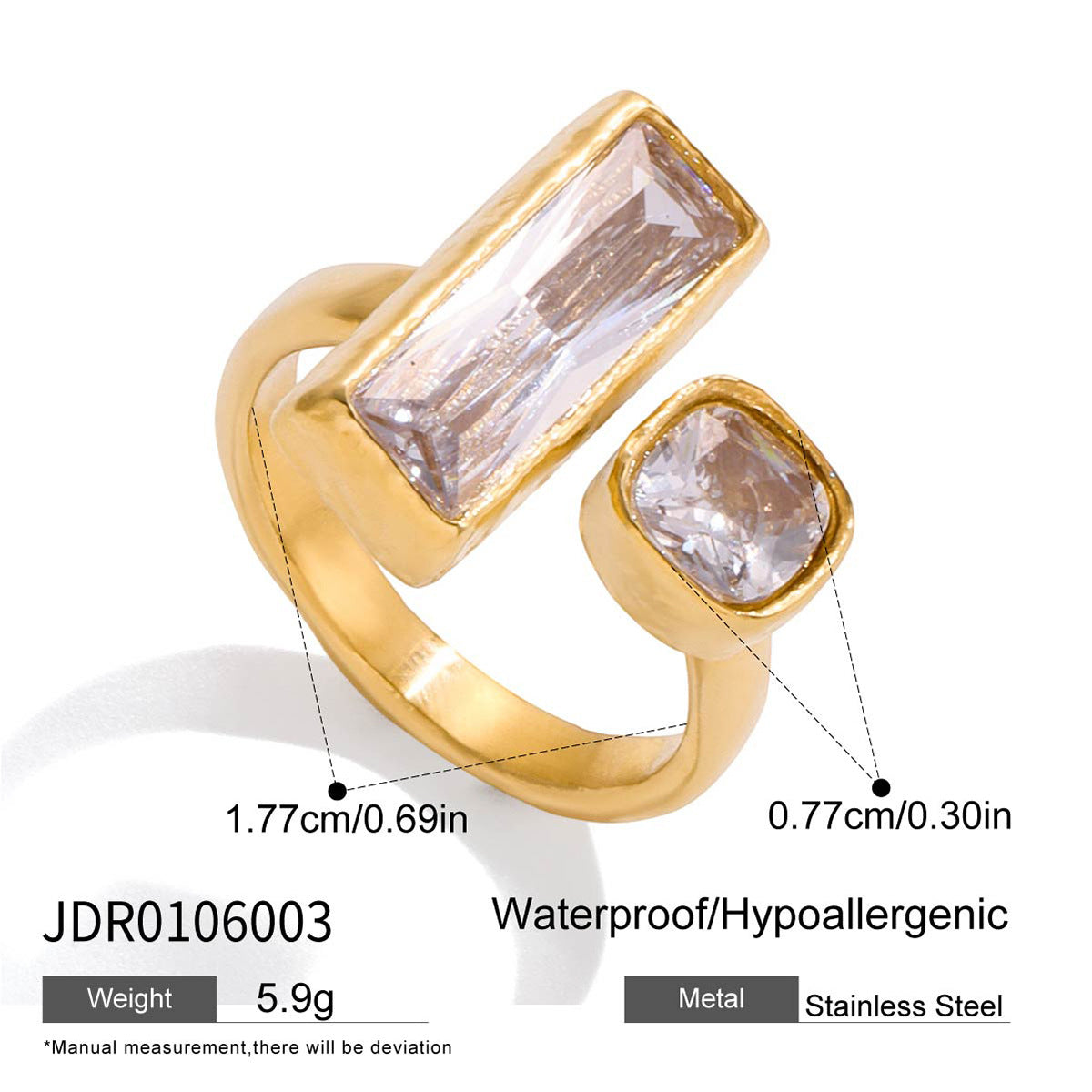 Anillo minimalista geométrico de acero inoxidable con incrustaciones de diamantes de imitación enchapado para mujer