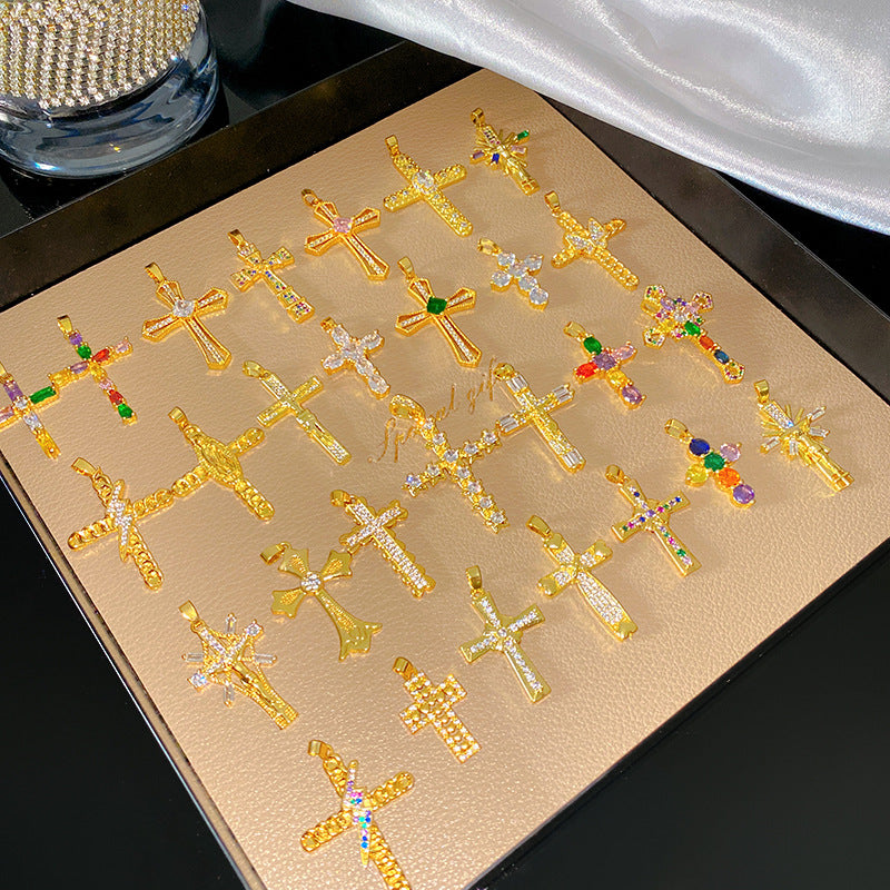 Sporty Sweet 18K Gold Plated Cross Titanium Steel Necklace with Cubic Zirconia for Women
